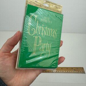 Vtg Retro‎ Hallmark Christmas Party Invitation Green Gold Metallic Elegant Font